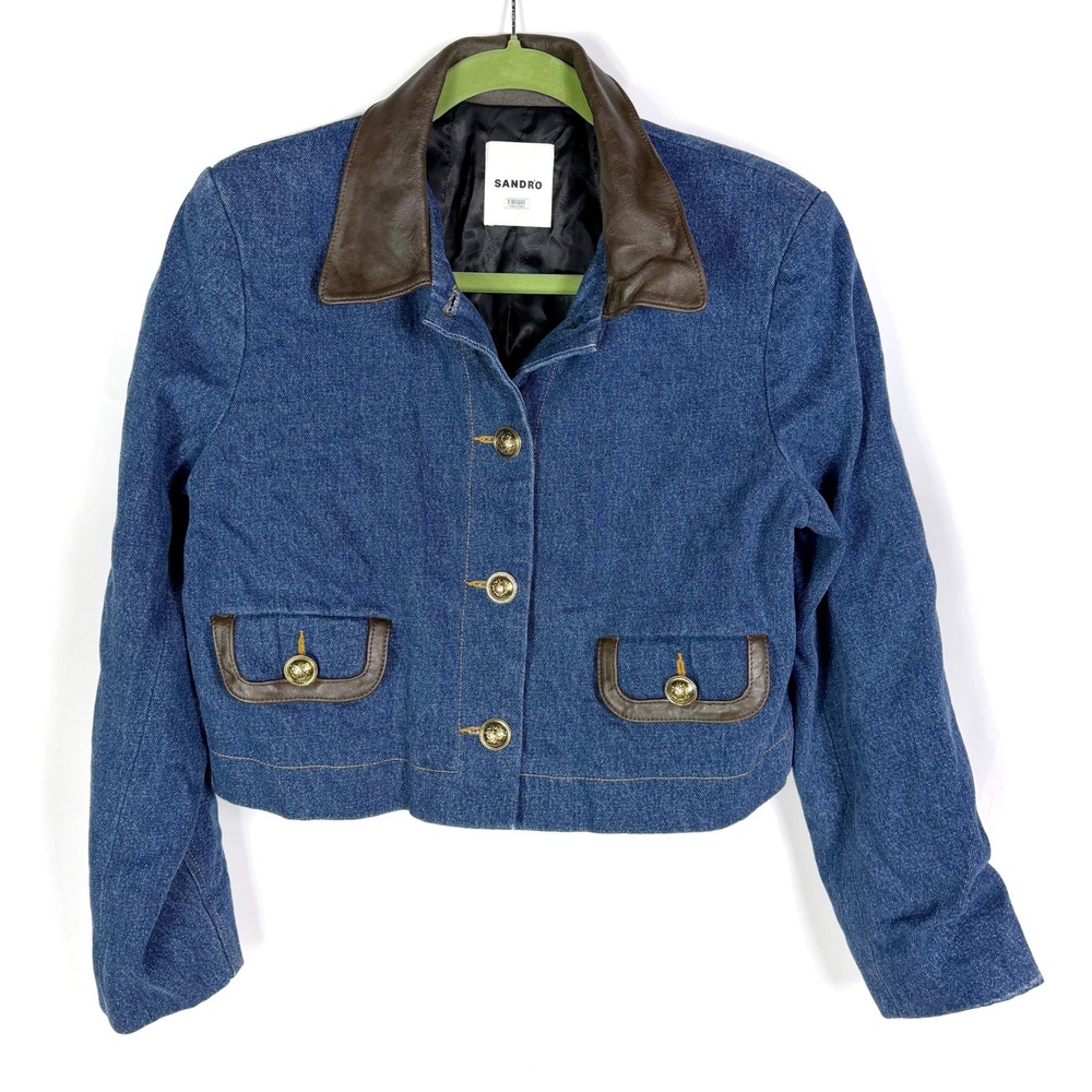 SANDRO Denim Jacket Leather Collar Cropped Button Front Blue Sz 40 FR / 8 US - Picture 8 of 16